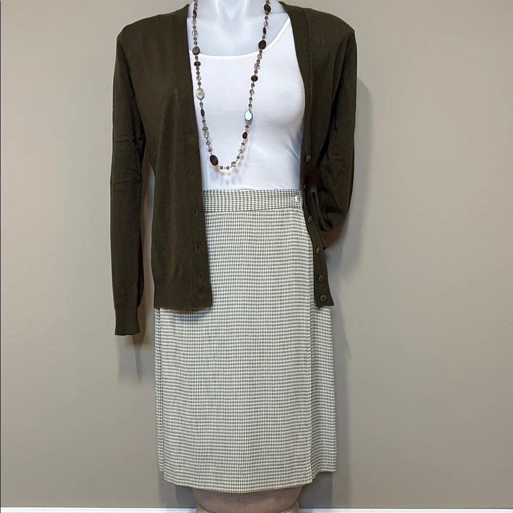 Gingham Midi Wrap Skirt; Vintage Light Olive Green & White, Lined, Size 2; EUC - Picture 2 of 10